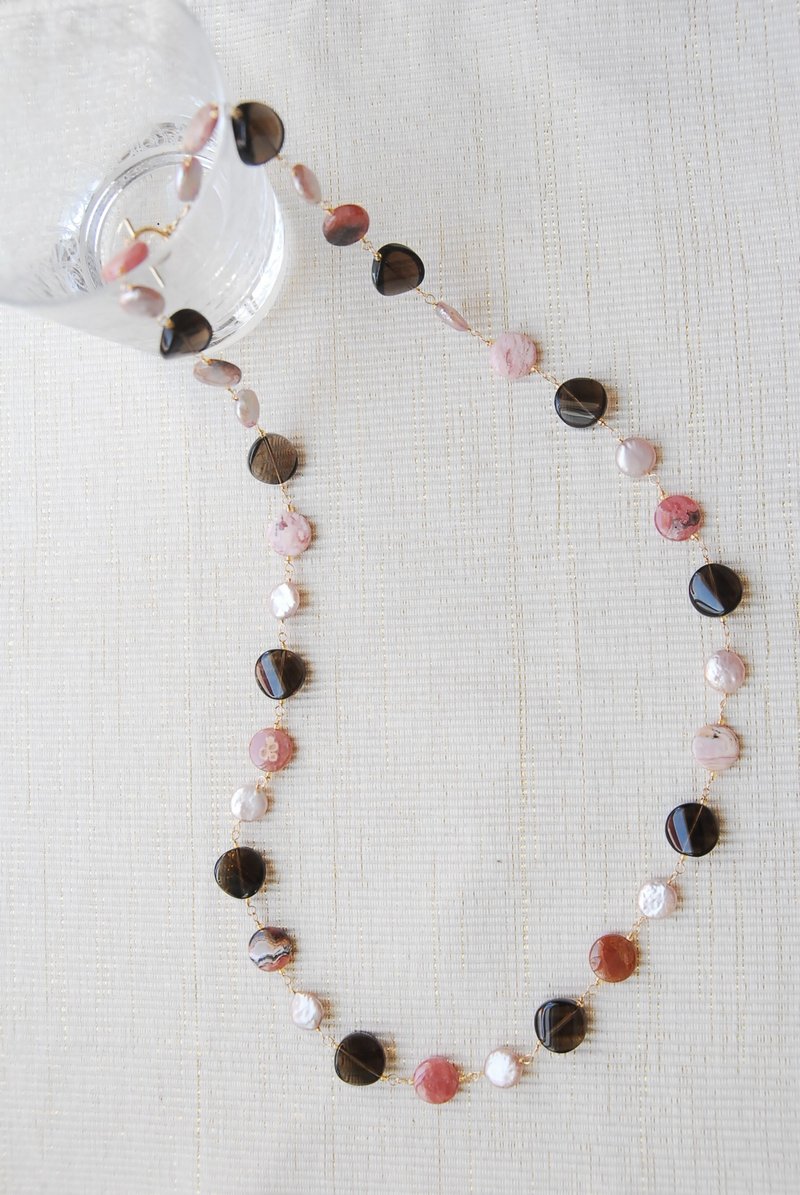 烟晶、菱锰矿和珍珠项链 14kgf - 项链 - 半宝石 粉红色