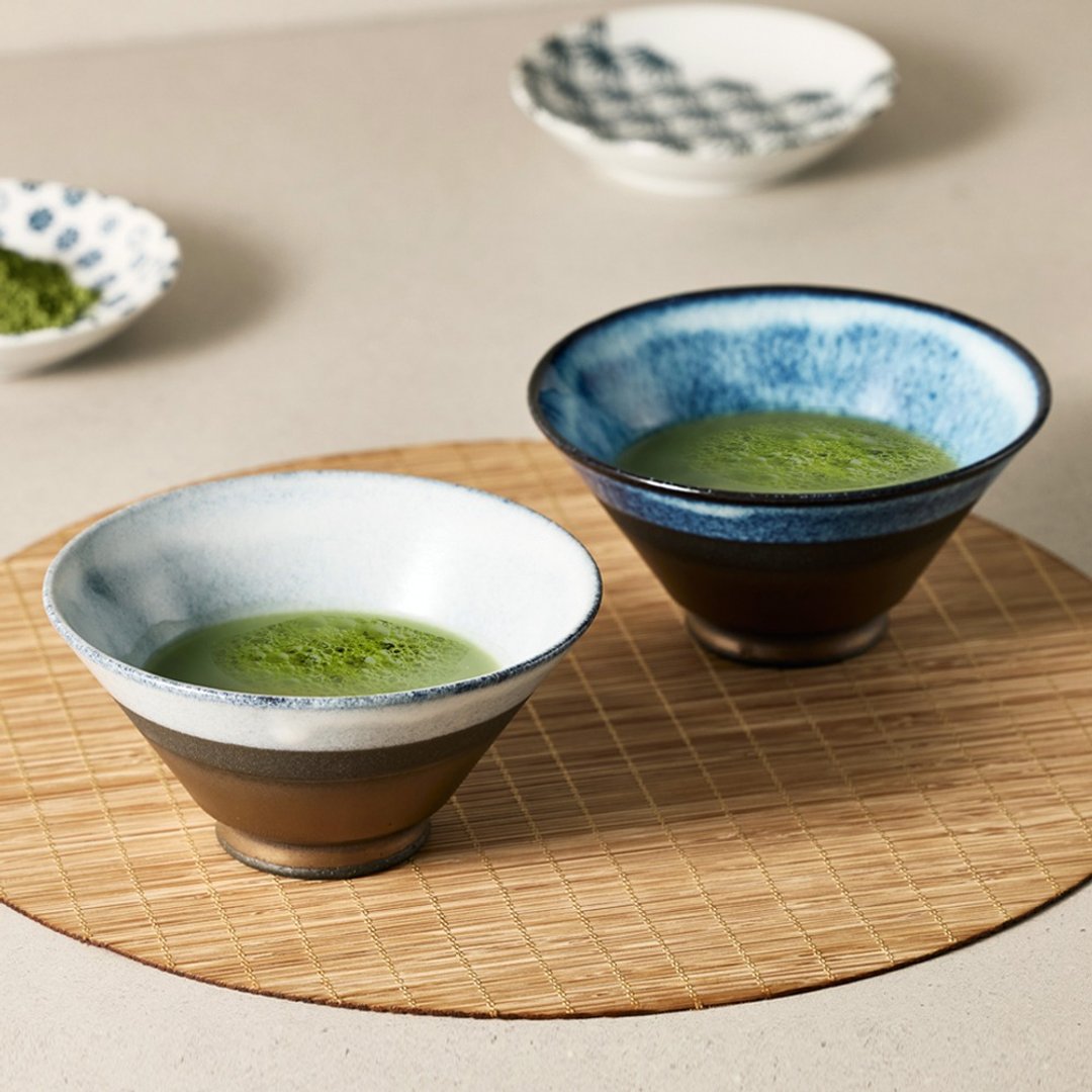 日本美浓烧 - 釉彩青白对碗 - 礼盒组(2件式) - 12.5cm - 碗 - 瓷 多色