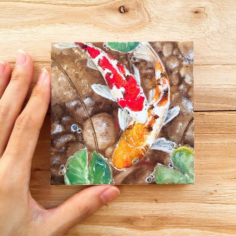 锦鲤鱼池塘中国风小型油画。风水鱼康泰吉祥办公室书桌装饰收藏。 - 海报/装饰画/版画 - 棉．麻 