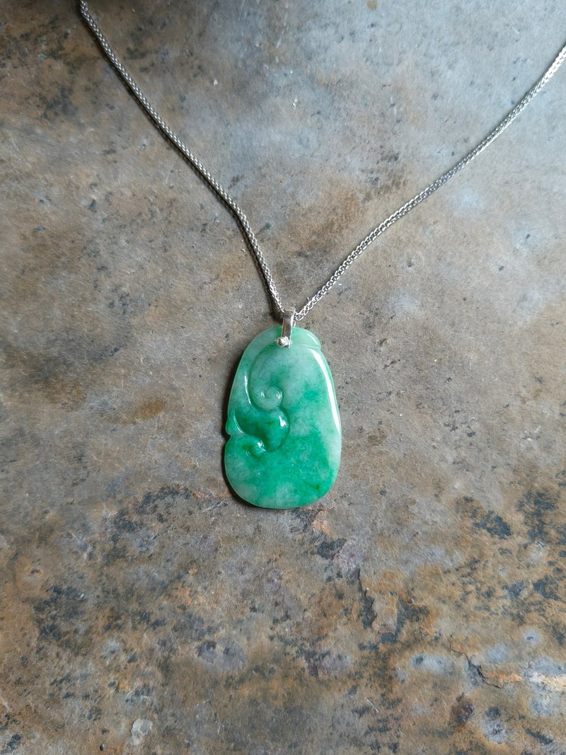 缅甸天然绿飘花 如意  坠子 附银项链 - 项链 - 玉石 绿色