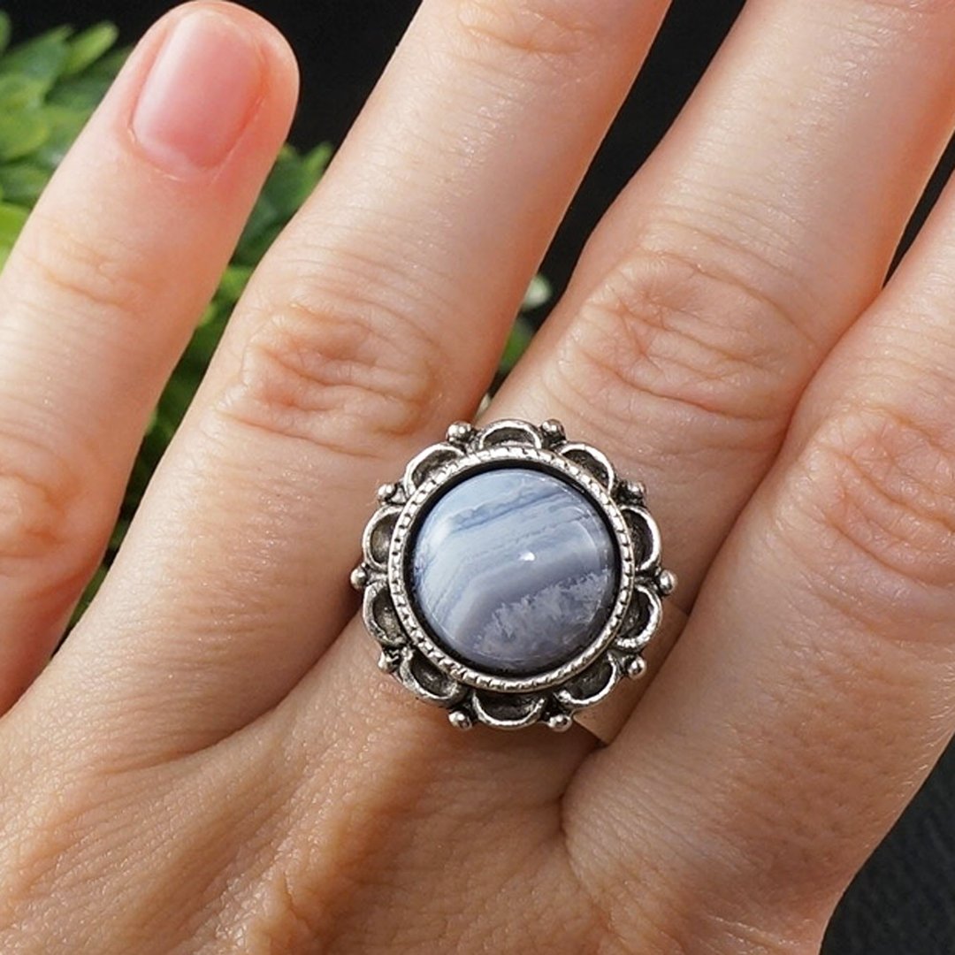 Light Blue Lace Agate Adjustable Ring Lavender Silver Flower Ring Woman Jewelry - 戒指 - 半宝石 蓝色