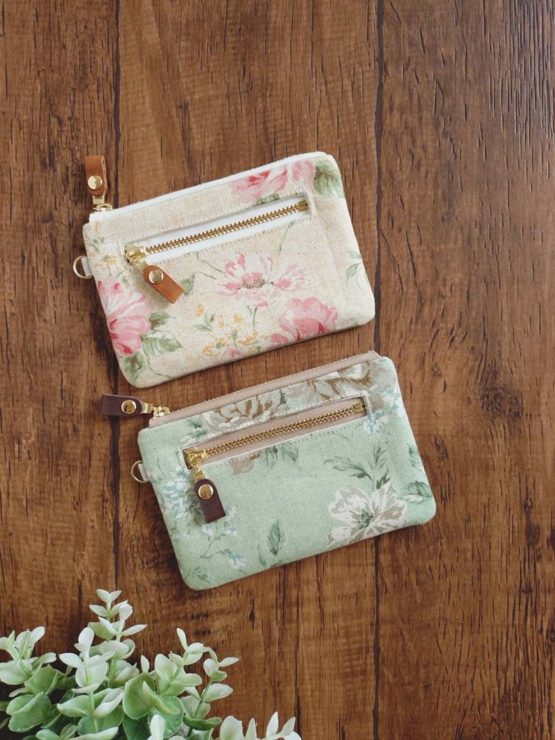 【FWL/三层小钱包】秋日玫瑰 复古乡村风 日本布 棉麻 帆布 - 零钱包 - 棉．麻 卡其色