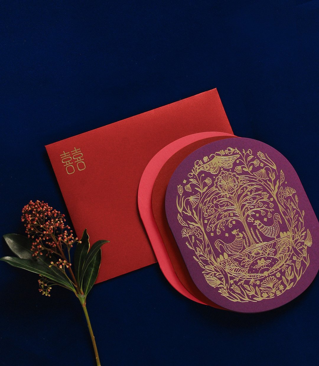 金余喜帖 中式 喜帖 椭圆 带路鸡 烫金 样本费 - 卡片/明信片 - 纸 红色