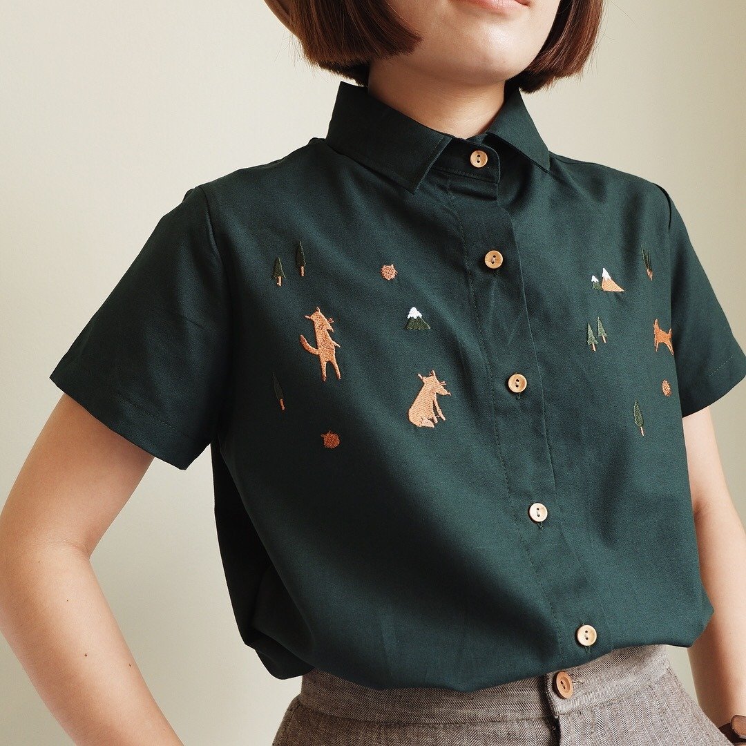 Basic cc* Shirt (Fox home) : Green Forest - 女装衬衫 - 绣线 绿色