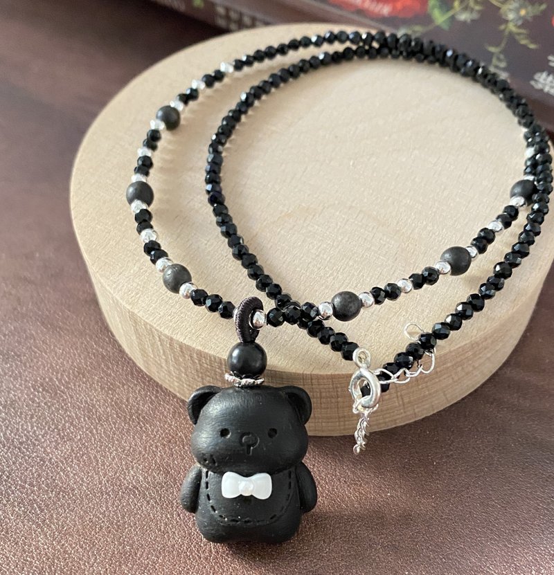 ʚ(圆的兔几)ɞ 木头项链 ๑沉香小熊x黑尖晶 - 项链 - 木头 黑色