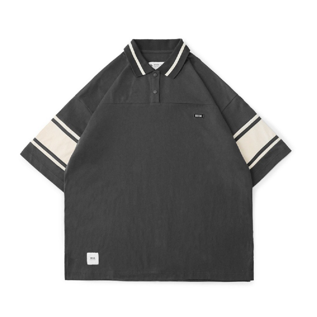 B-SIDE STRIPED POLO SHIRT宽版拚袖短袖POLO衫 - 男装上衣/T 恤 - 棉．麻 灰色