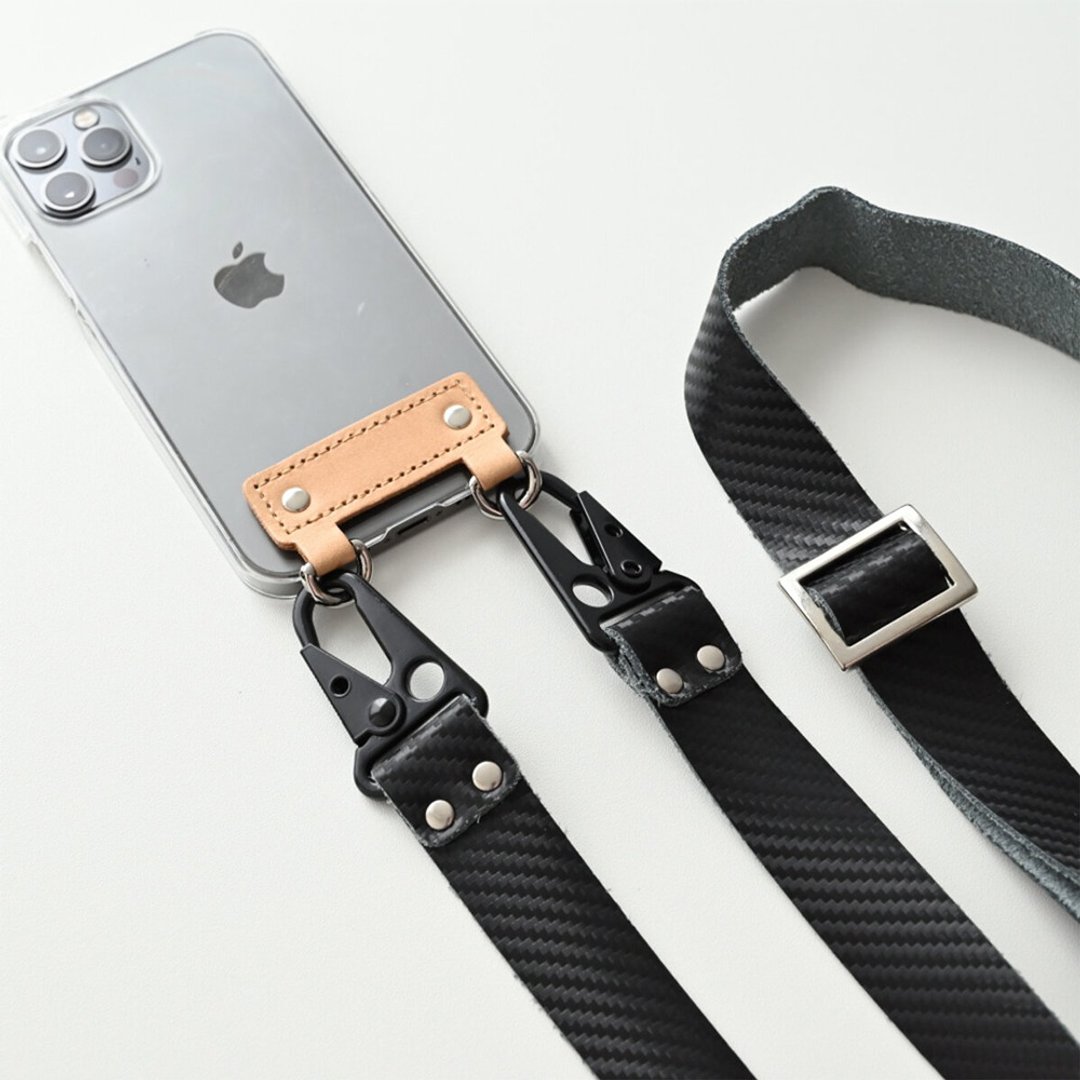 Compatible with all models Android Compatible Smartphone Case with Strap [Kinari x Carbon Leather] Men's Smartphone Shoulder Present Gift FG02M - 手机壳/手机套 - 真皮 黑色