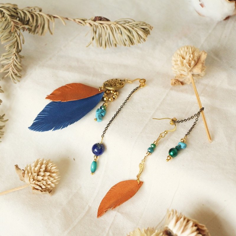 Febbi民俗风落叶牛皮耳环 - 耳环/耳夹 - 真皮 橘色