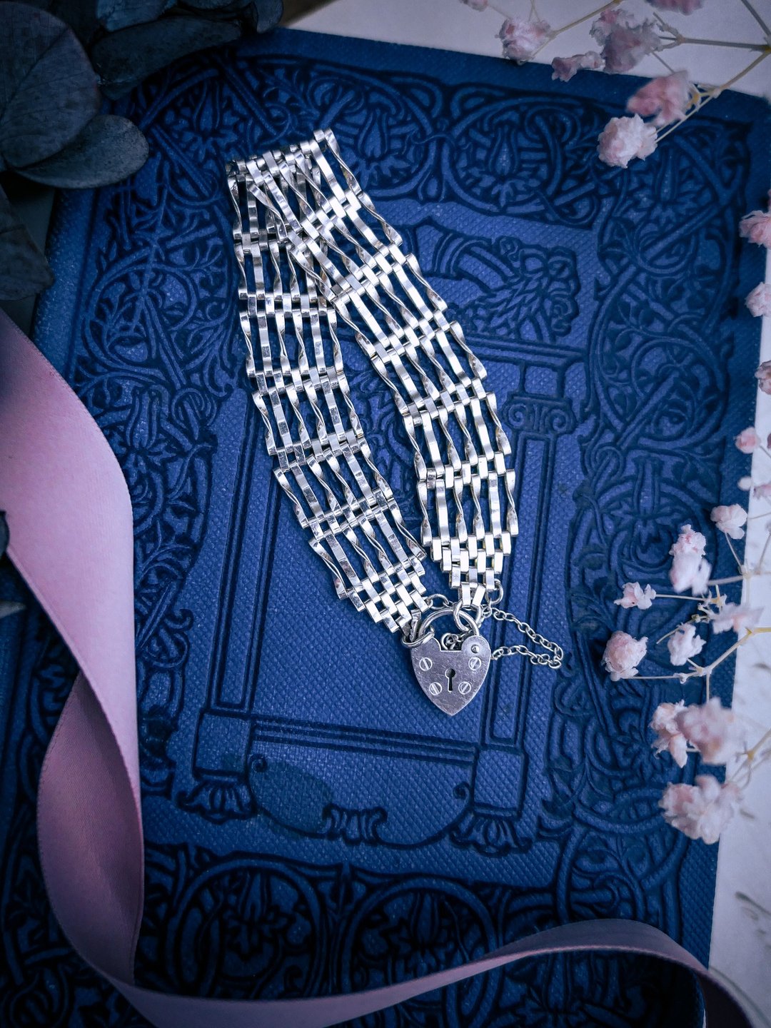 英国古董 软编织纯银心锁手链—欧洲古董首饰 Vintage Jewelry - 手链/手环 - 纯银 
