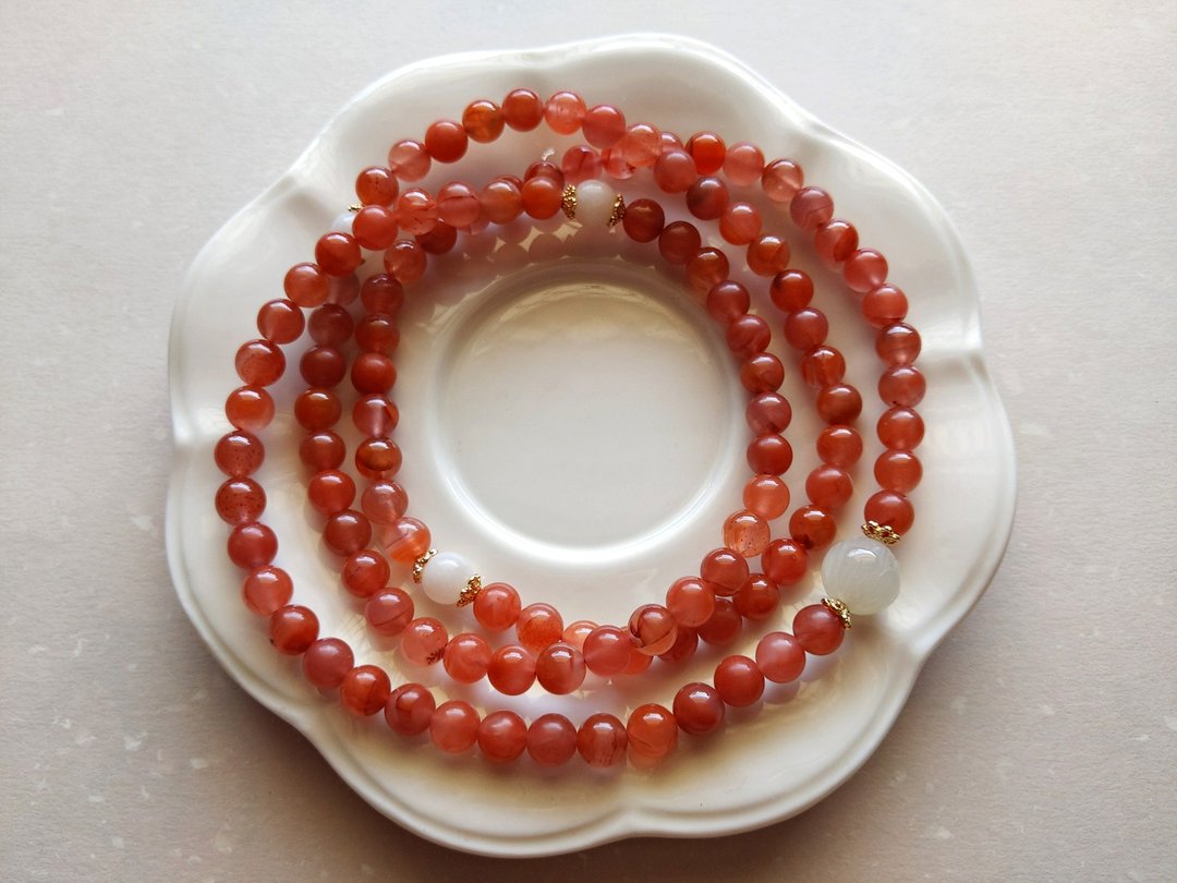ORLI Jewelry 天然南红玛瑙108颗念珠 樱桃红108颗佛珠 多圈手链 - 手链/手环 - 宝石 红色