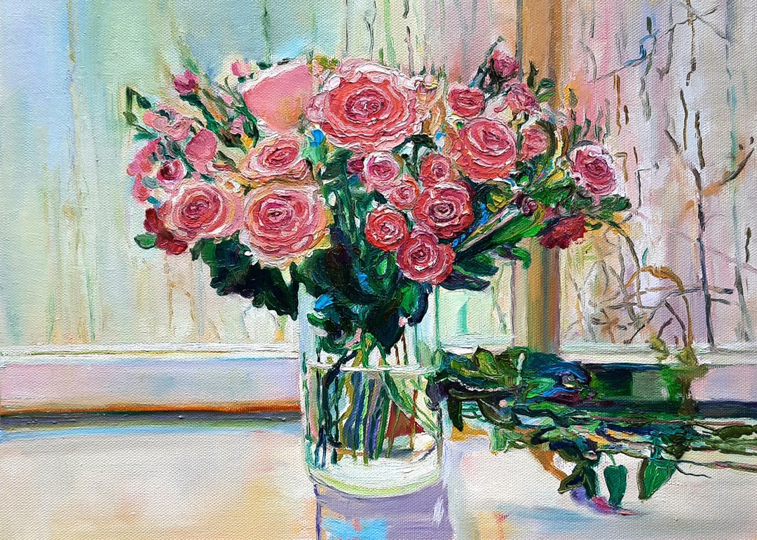 Roses  Art Still Life  Painting  Original Oil Art Wall Decor Oil On Canvas - 墙贴/壁贴 - 其他材质 粉红色
