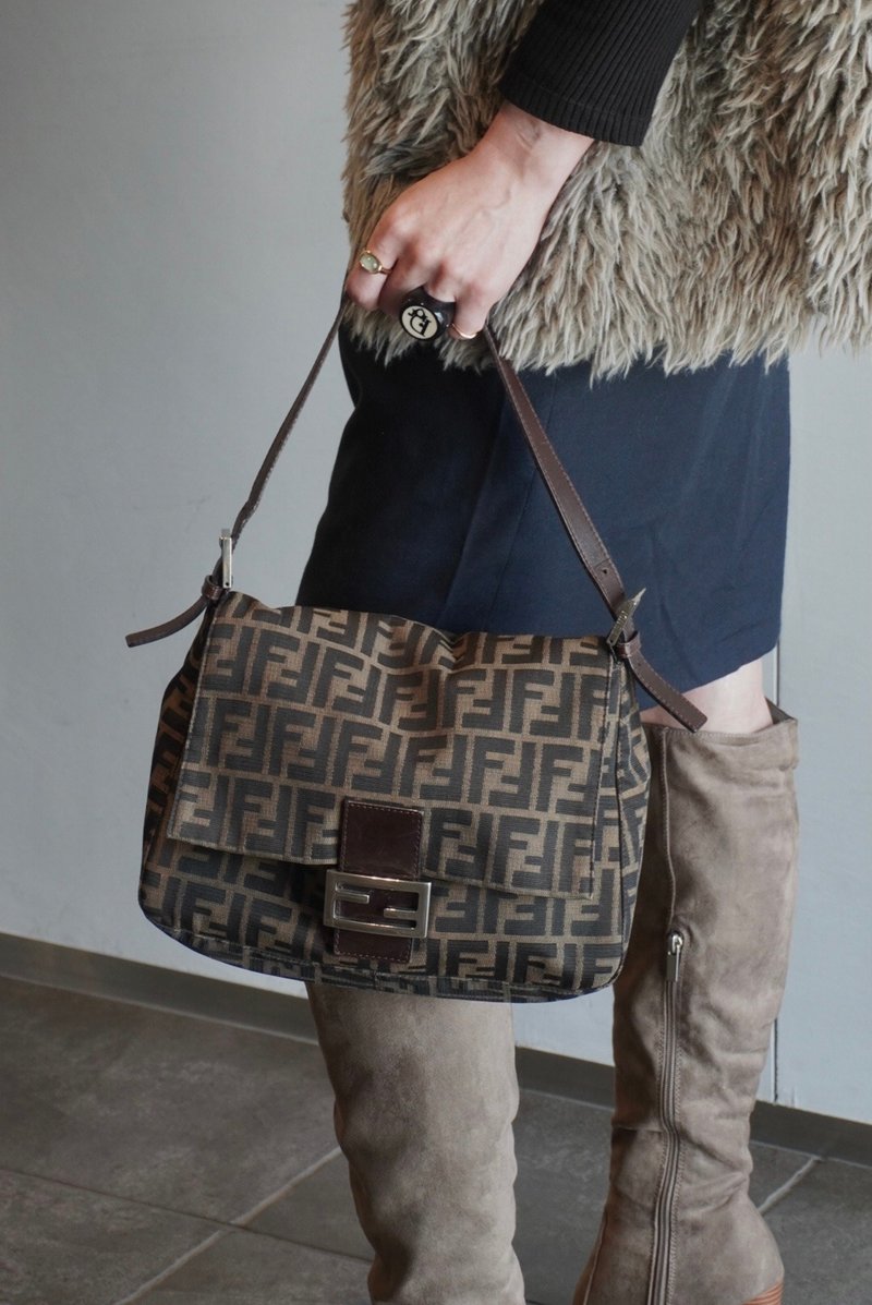 【 日本直送 名牌中古包 】FENDI 芬迪 经典 FF 缇花织物 缩口水桶包 棕色 vintage 中古包 mrnknx - 侧背包/斜挎包 - 棉．麻 咖啡色