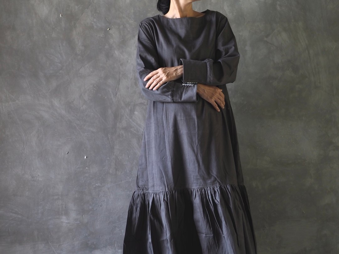 Cuff shell button.  Low waist long dress/Gray - 洋装/连衣裙 - 棉 灰色