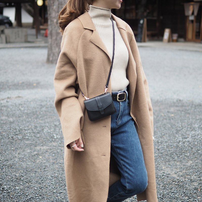 Khloe (Black): Micro bag, Short wallet, Crossbody bag, Cow Leather wallet - 皮夹/钱包 - 真皮 黑色