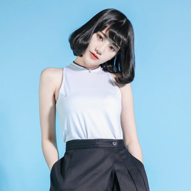 SU:MI said Sloping 小立领削肩合身背心_5SF010_白 - 女装上衣 - 棉．麻 白色