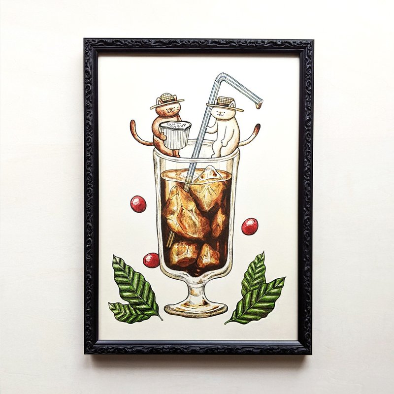 A4 Cats and iced coffee Art print - 海报/装饰画/版画 - 纸 咖啡色