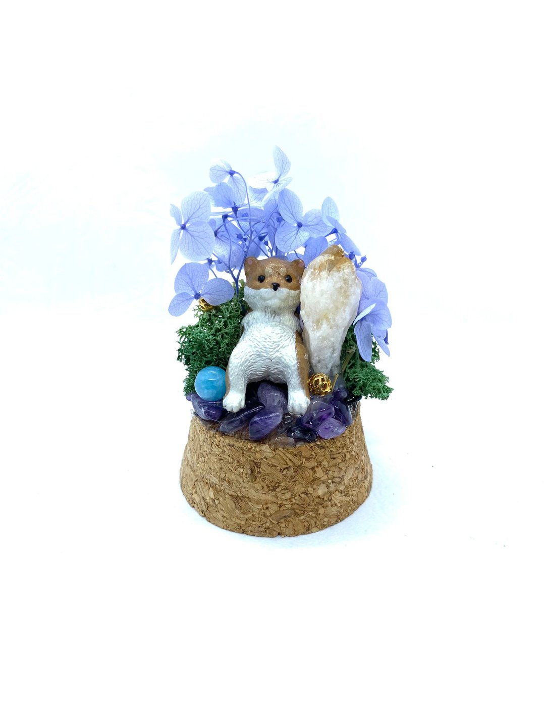 淡紫花园-柴犬与黄水晶/海蓝宝珠-手工玻璃罩公仔/水晶/干燥花摆 - 摆饰 - 水晶 
