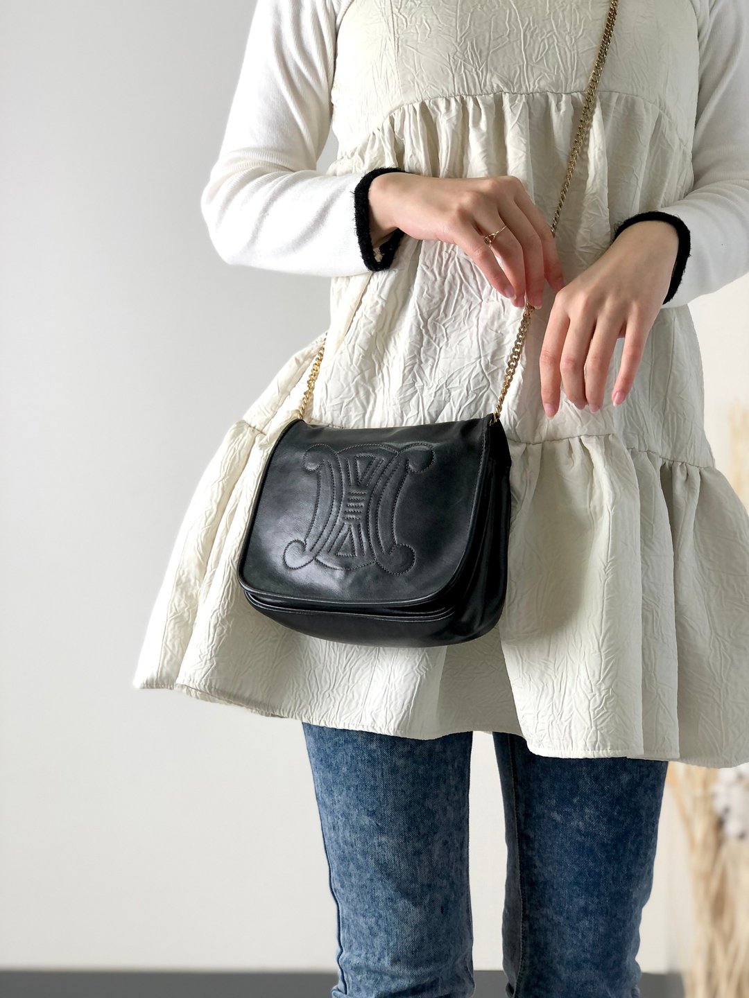 【日本直送，名牌二手包装】CELINE Triomphe Stitch 皮革链条单肩包黑Vintage 5ng22v - 侧背包/斜挎包 - 真皮 黑色