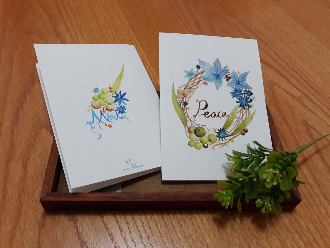 心花怒放水彩花圈卡片附牛皮信封绿和蓝一张45元 - 卡片/明信片 - 纸 绿色