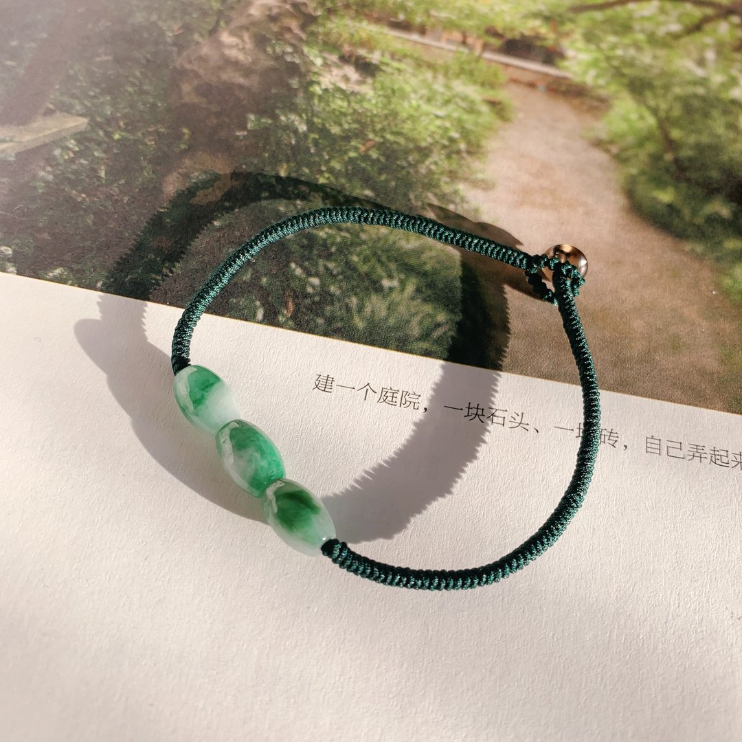 售完供欣赏 一砚春。天然翡翠复古编织手绳古风玉石禅意手链 - 手链/手环 - 玉石 绿色