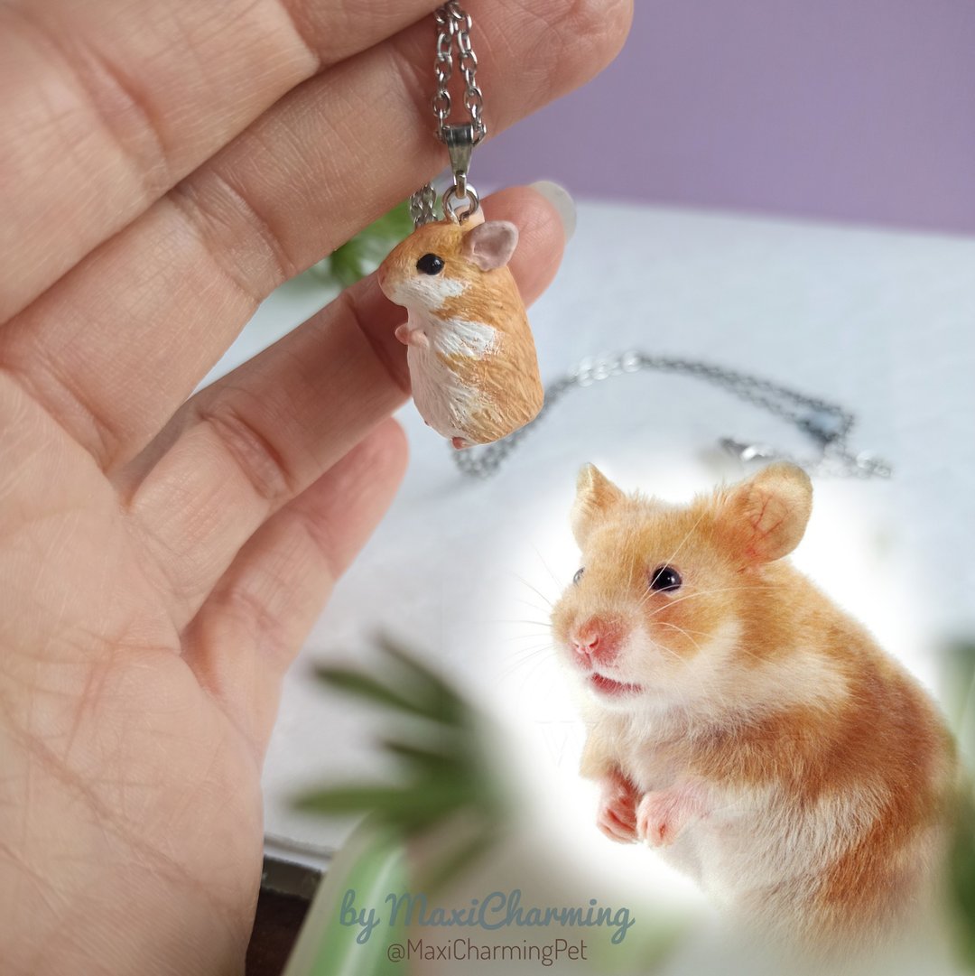 Orange white hamster necklace 女兒最喜歡的倉鼠 cute small pet on chain teddy bear breed - 项链 - 塑料 金色