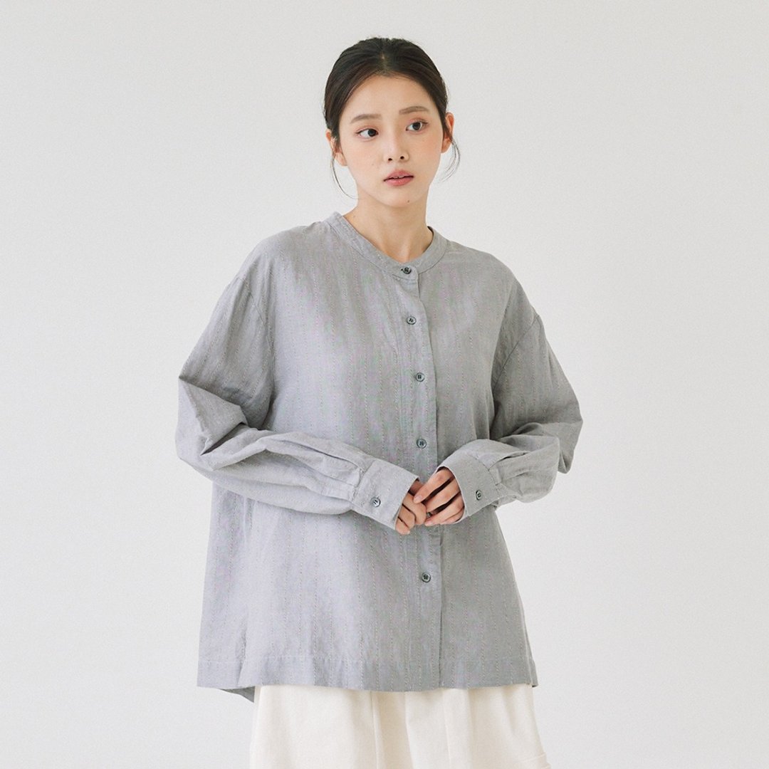 【Simply Yours】条纹棉麻长袖衬衫 灰F - 女装衬衫 - 棉 灰色