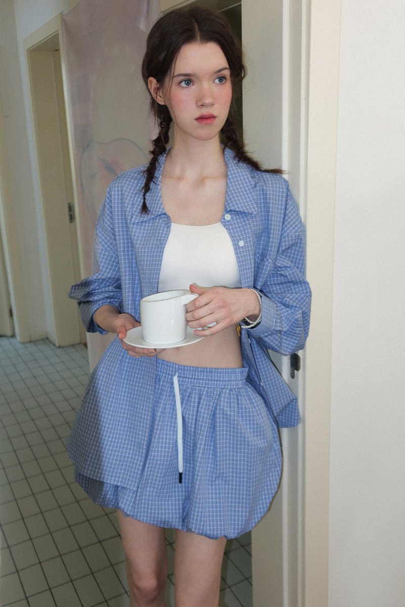 美术馆约会 色织格纹柔软衬衫外套 - 女装衬衫 - 其他材质 蓝色