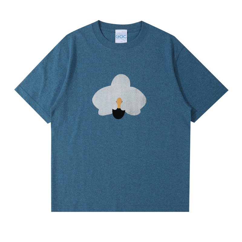 GOC Studio 手工丝网印花拼绒布 银色兰花 - 女装 T 恤 - 棉．麻 蓝色