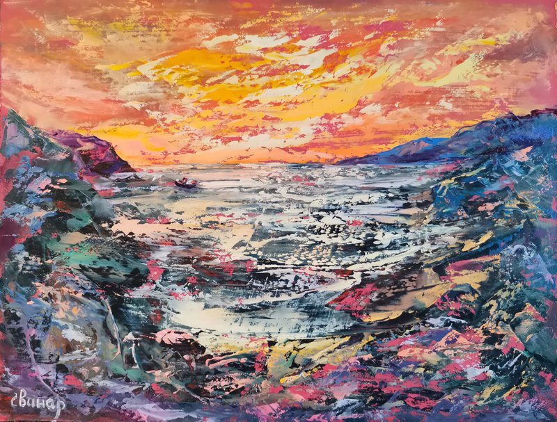 Mountains Sea Ship Bright Sunset Original Art Oil Painting Artist Svinar Oksana - 其他 - 其他材质 多色