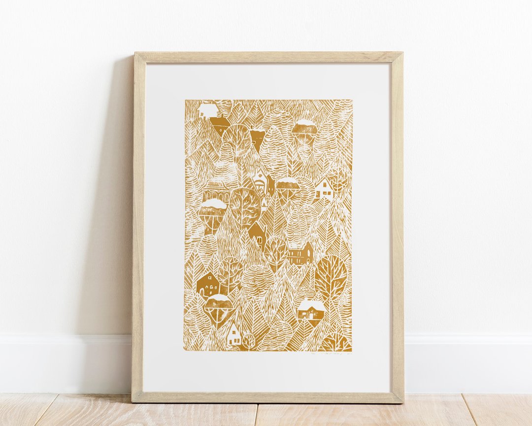 秋季墙艺术 Linocut 印刷赭色秋季森林与房屋原创艺术品 - 海报/装饰画/版画 - 纸 黄色