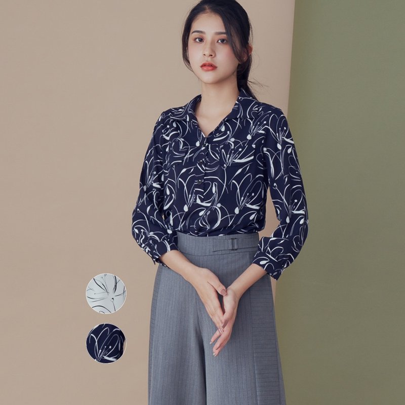 【MEDUSA】泼墨点半开襟雪纺上衣 - 2色 (M-XL) | 女上衣 雪纺 - 女装衬衫 - 其他材质 蓝色