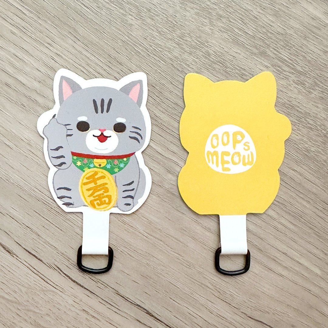 Oops Meow - 灰色虎纹中指招财猫手机挂片 手机夹片 - 挂绳/吊绳 - 塑料 多色