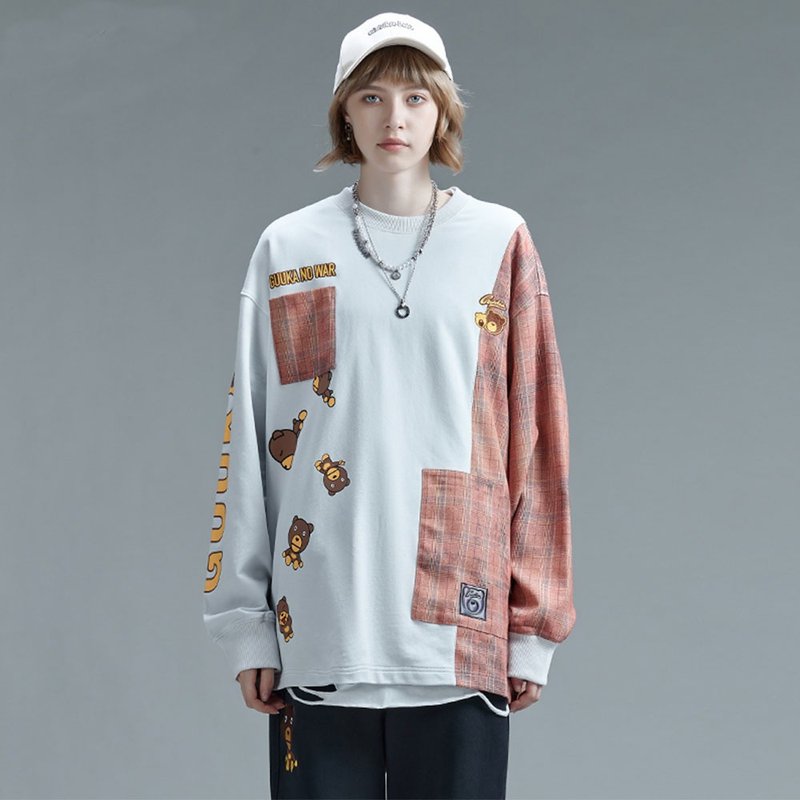 格纹拼接长袖T恤男女嘻哈熊印花情侣纯棉t圆领运动休闲上衣 - 女装 T 恤 - 棉．麻 