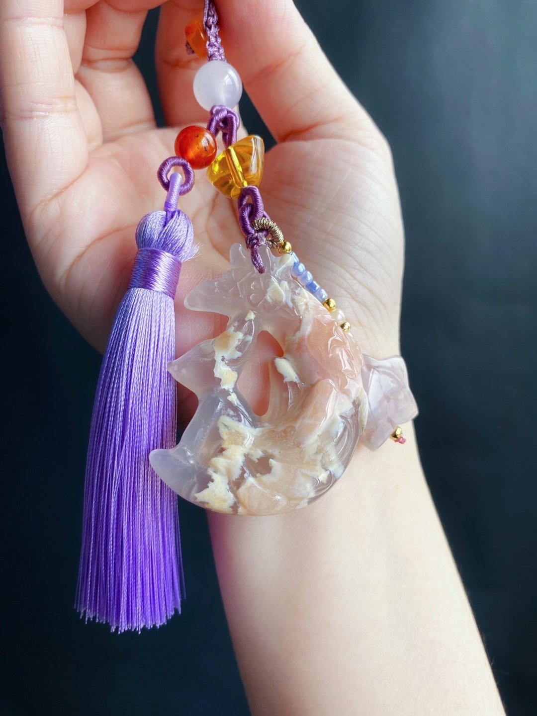 【售出】樱花玛瑙 骚粉 狐仙 月亮 水晶 钥匙圈 包挂 闺密 天然石 - 钥匙链/钥匙包 - 水晶 紫色