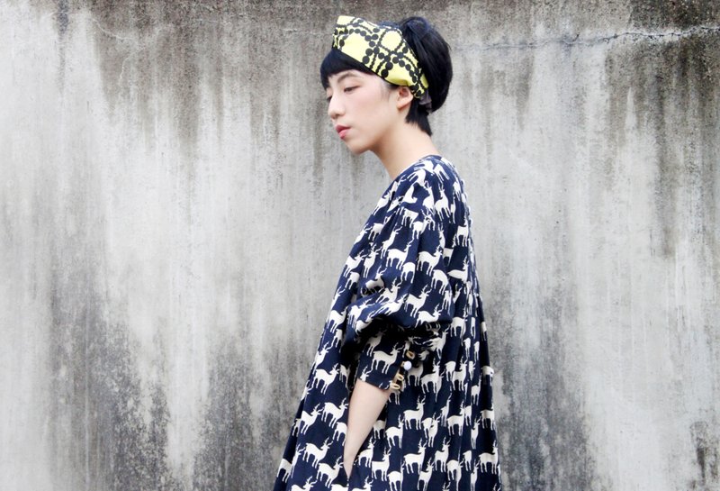 (日)棉麻印花 over-size 洋装 - 洋装/连衣裙 - 棉．麻 蓝色