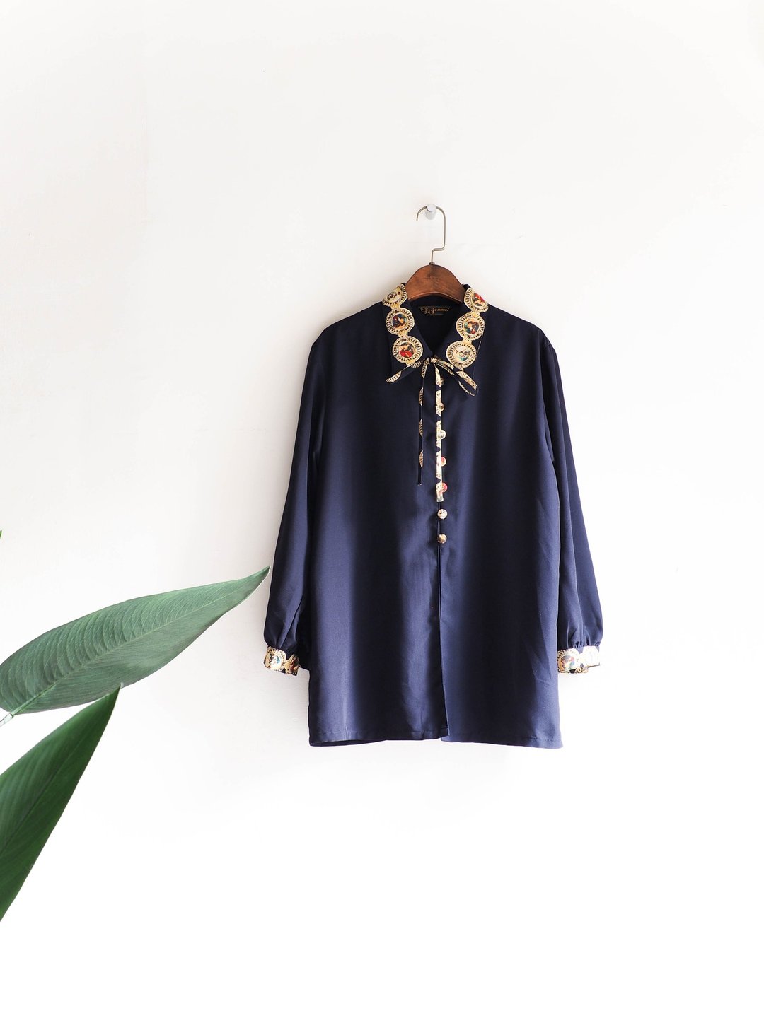 河水山 - 富山彩扣宫廷式青春少女 古董丝质衬衫上衣 shirt oversize vintage - 女装衬衫 - 聚酯纤维 蓝色