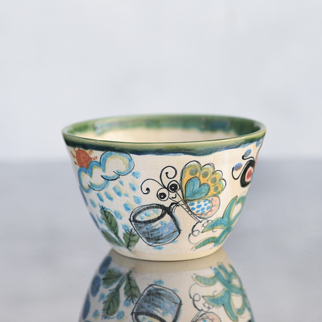 Rice bowl with flowers and blue butterflies, large - 碗 - 陶 蓝色