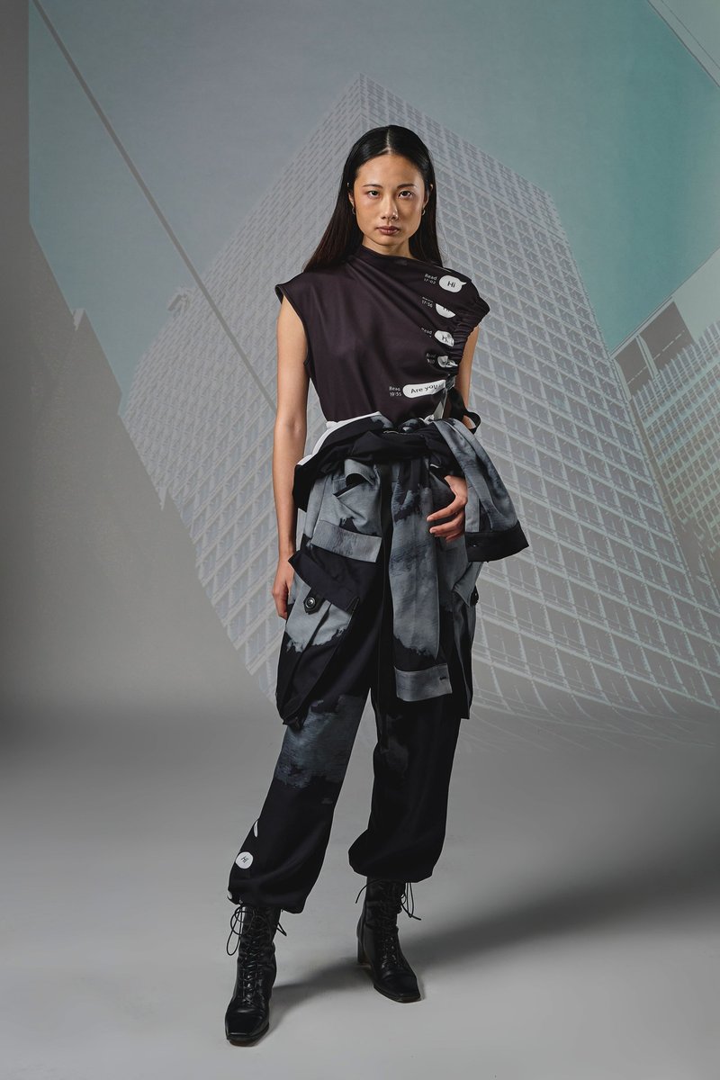 一字领抽绳短上衣 - 女装背心 - 聚酯纤维 黑色