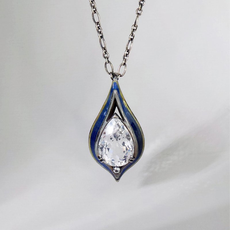 海水蓝宝 烧珐琅925纯银坠子 - 项链 - 宝石 白色