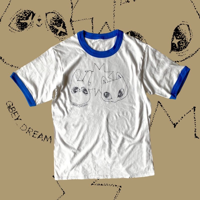 --两光师古着--兔喵滚边手绘T-shirt - 女装 T 恤 - 其他材质 白色