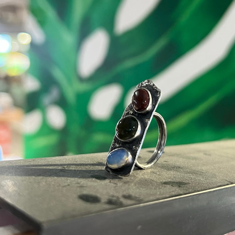 手工纯银星尘三石戒指 - 戒指 - 纯银 多色