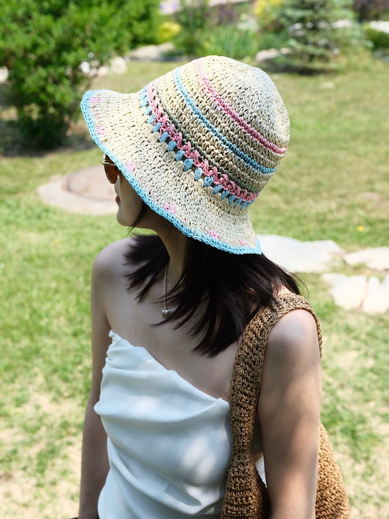 夏日樱花 超夏天的草编彩色渔夫帽 软顶可折叠 - 帽子 - 棉．麻 粉红色