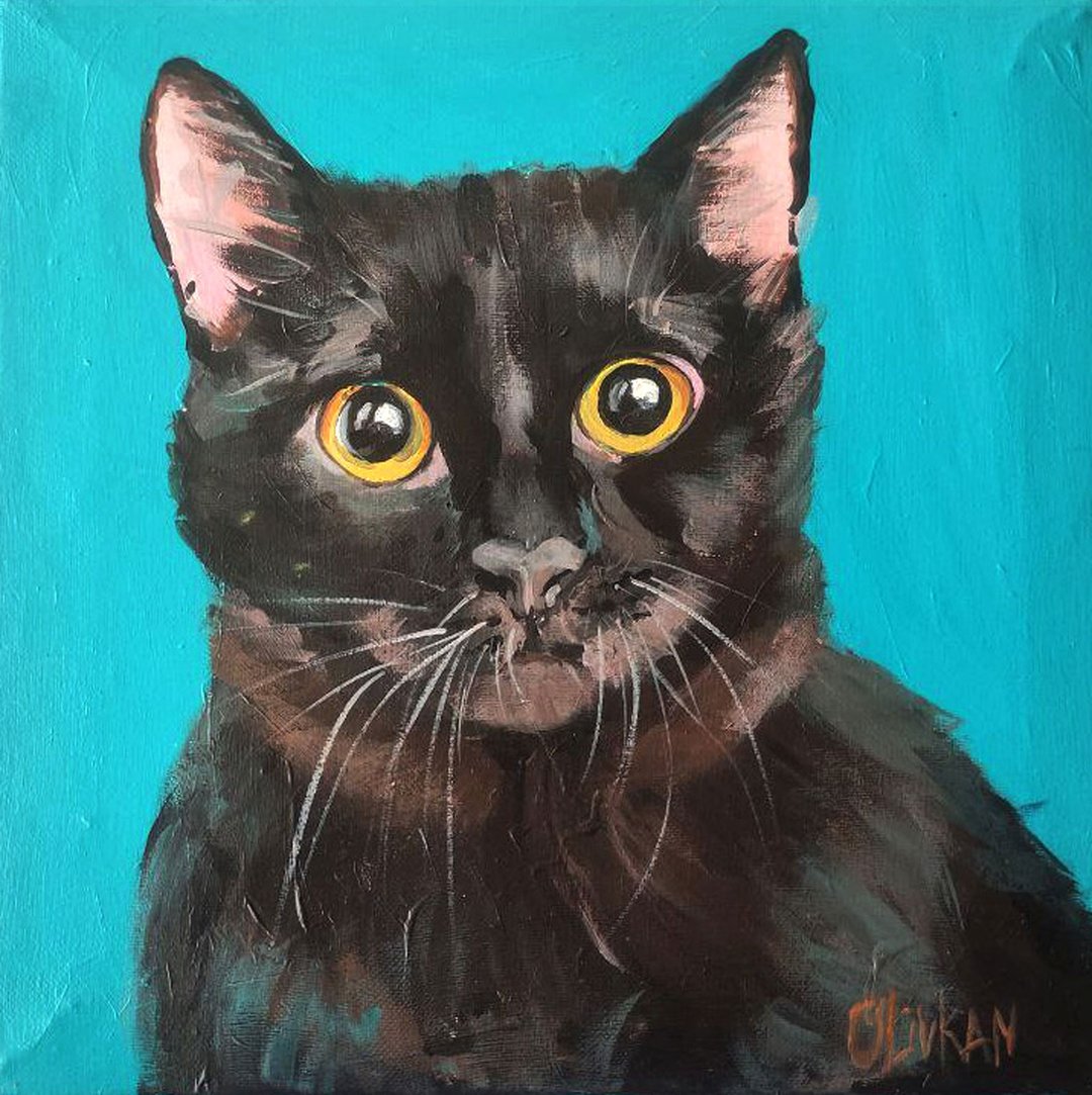 Cat Original Painting Animal Oil Art Black Cat Wall Art - 海报/装饰画/版画 - 其他材质 多色