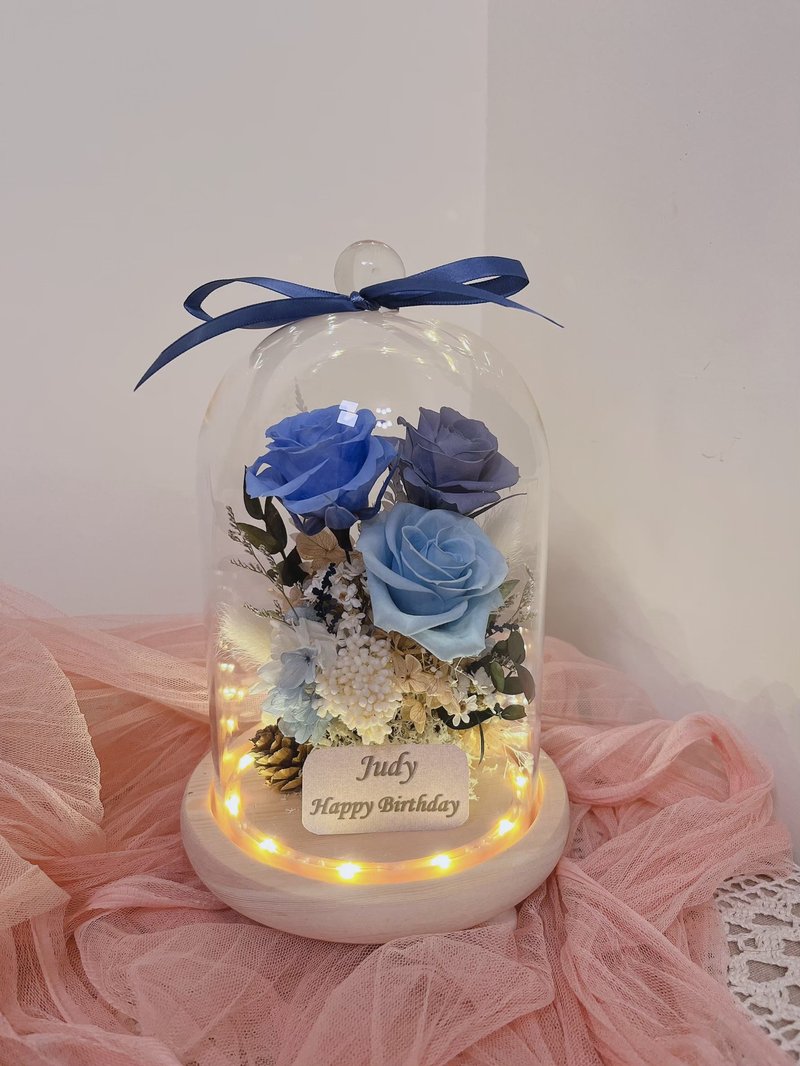 情人节 莫兰迪蓝色调 永生花玻璃罩夜灯 - 干燥花/捧花 - 植物．花 蓝色