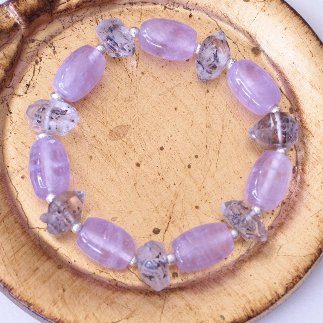 大颗赫基摩水晶 大颗薰衣草紫水晶 纯银手环 Herkimer Amethyst - 手链/手环 - 水晶 白色