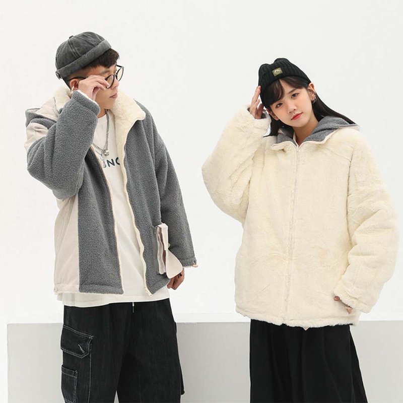 冬季羊羔獭兔毛宽松灰白双面两穿情侣棉衣外套 - 男装外套 - 其他材质 