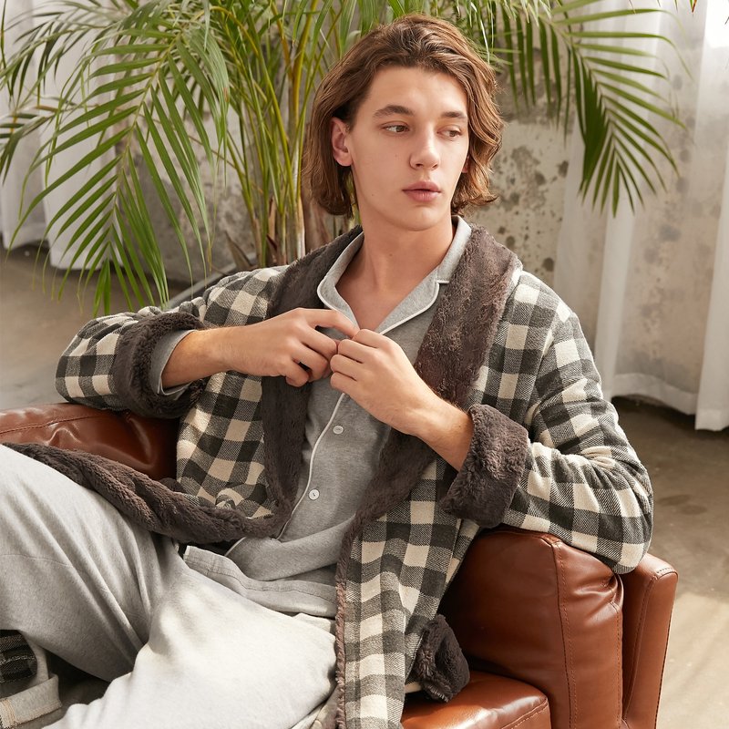 格纹棉男士睡袍毛领长款浴袍原创设计家居服秋冬男 - 居家服/睡衣 - 棉．麻 灰色