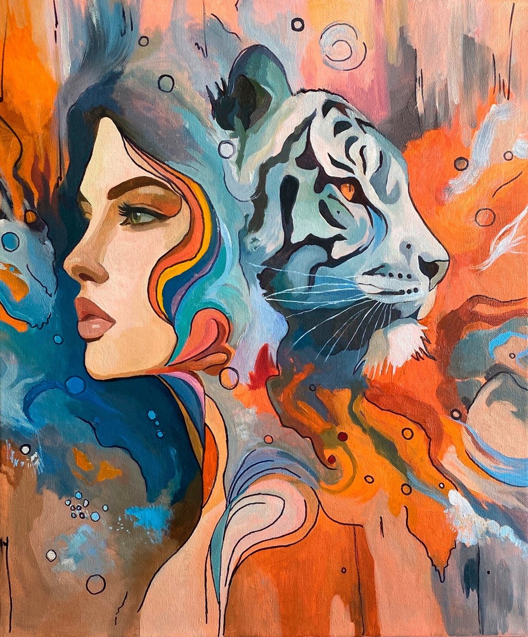 女孩与老虎原创油画画布动物艺术 - 墙贴/壁贴 - 棉 