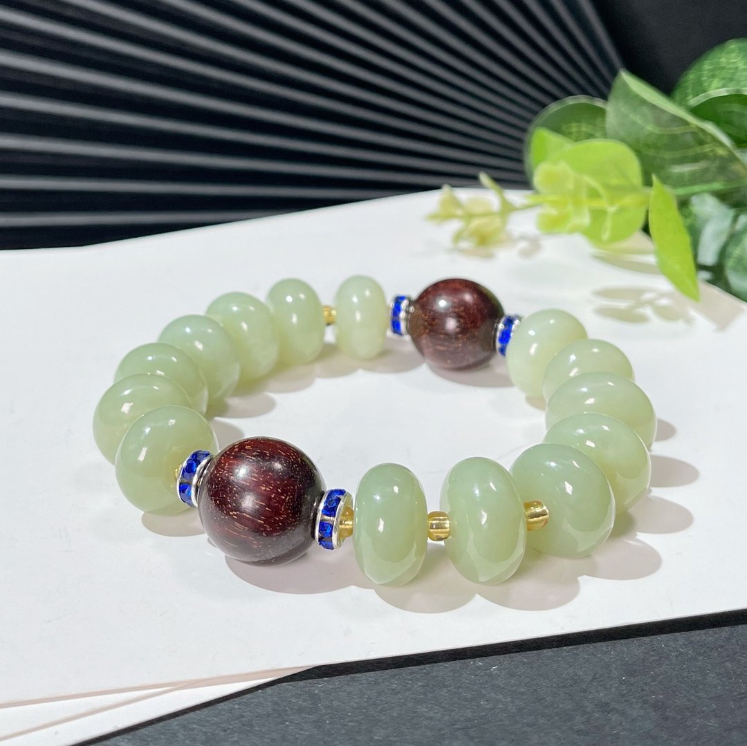 和田玉若羌黄口手链配小叶紫檀圆珠 盘珠设计玉手环16x9MM附证书 - 手链/手环 - 玉石 