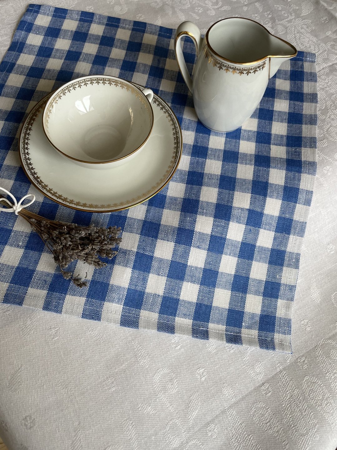 set of 4 blue checkered square linen festive dining napkins, gift for home - 餐垫/桌巾 - 亚麻 蓝色